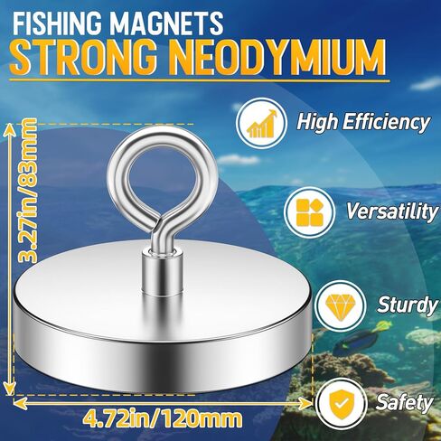 Strong Neodymium Fishing Magnets, 700 lbs Pulling Force, Rare Earth Magnet with Countersunk Hole Eyebolt for Retrieving in River Lake, Beach, Lawn -3 inch in Kuwait