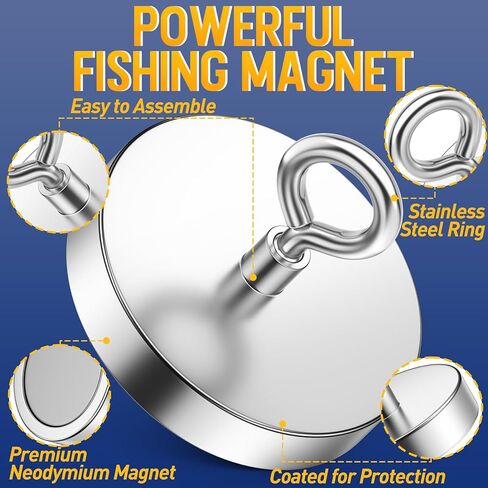 Strong Neodymium Fishing Magnets, 700 lbs Pulling Force, Rare Earth Magnet with Countersunk Hole Eyebolt for Retrieving in River Lake, Beach, Lawn -3 inch in Kuwait