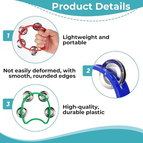 24 PCS Tamborines Musical Instrument Noise Makers, Plastic Percussion Tambourine with 4 Bells, Handheld Percussion Drum Tambourine, 8 Colors Tambourines in Saudi Arabia