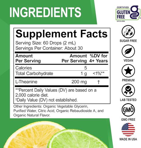 قطرات سائلة من إل ثيانين 200 مجم - مكملات دعم وتركيز طبيعية للنوم للأطفال والكبار - نباتية، غير معدلة وراثيًا، خالية من الغلوتين 200 مجم من مكملات سائلة قطرات إل-ثيانين النقية، مزاج الليثيانين للأطفال 2 أونصة سائلة in Kuwait