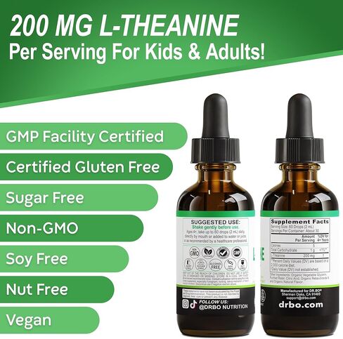 قطرات سائلة من إل ثيانين 200 مجم - مكملات دعم وتركيز طبيعية للنوم للأطفال والكبار - نباتية، غير معدلة وراثيًا، خالية من الغلوتين 200 مجم من مكملات سائلة قطرات إل-ثيانين النقية، مزاج الليثيانين للأطفال 2 أونصة سائلة in Kuwait