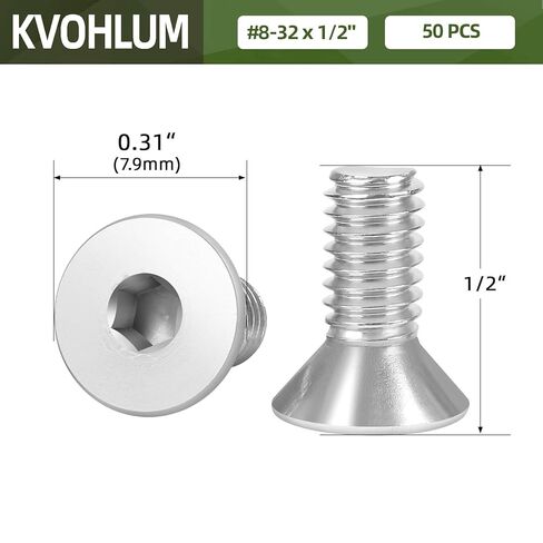 50 PCS #8-32 x 1/2" Flat Head Socket Cap Screws Bolts, Countersunk Allen Bolts, Stainless Steel 304, Full Thread, Bright Finish, Screwdriver Included in Kuwait