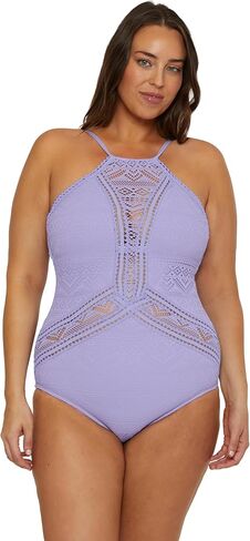 BECCA ETC. Color Play - Women's Plus Size High Neck Crochet Tummy Control One Piece Swimsuit, Adjustable, Tie Back, Bathing Suits for Women, Bellflower, 0X in Saudi Arabia