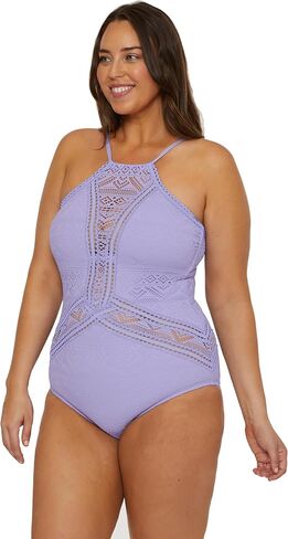 BECCA ETC. Color Play - Women's Plus Size High Neck Crochet Tummy Control One Piece Swimsuit, Adjustable, Tie Back, Bathing Suits for Women, Bellflower, 0X in Saudi Arabia