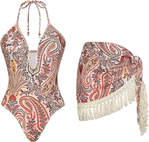 بدلة سباحة نسائية من قطعة واحدة من Floerns مونوكيني بيزلي للتحكم في البطن مع تنورة لتغطية الشرابة in Kuwait