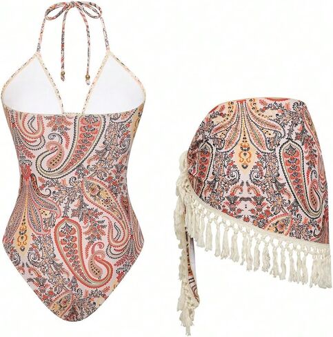 بدلة سباحة نسائية من قطعة واحدة من Floerns مونوكيني بيزلي للتحكم في البطن مع تنورة لتغطية الشرابة in Kuwait