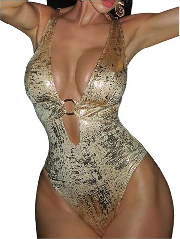 WDIRARA Women's Metallic One Piece Swimsuit Deep V Neck Ring Linked Tie Back Swimwear in Saudi Arabia