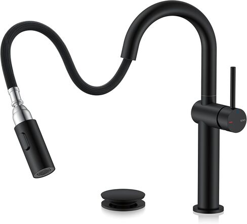 صنبور حمام كينيس قابل للسحب للأسفل مع بخاخ، صنبور حوض حمام بمقبض واحد أسود غير لامع مع بخاخ سحب، صنبور بار فانيتي مع تصريف منبثق ولوحة سطح، KE-9065B-2 in Kuwait