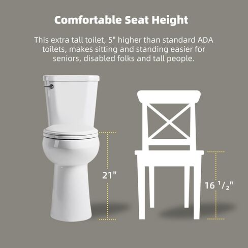 مراحيض طويلة لكبار السن 21 بوصة، مرحاض Los Flexi Comfort & High، وعاء ممدود ومقعد ناعم الإغلاق، 1.28 GPF مرحاض طويل جدًا للمعاقين مع تدفق سيفوني فعال و12 بوصة خشنة in Kuwait