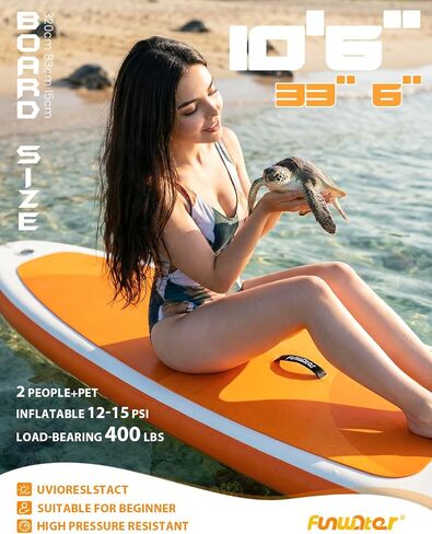 FunWater 10'6×33"×6" Inflatable Stand Up Paddle Board with Premium SUP Paddleboard Accessories,Adults & Youth for All Skill Levels, Included with Board, Paddle, Pump, Three Fins, Backpack(Yellow) in Saudi Arabia