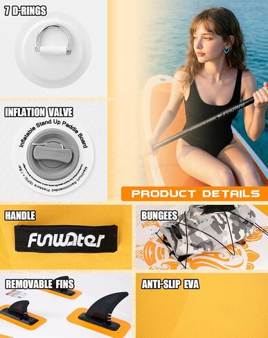 FunWater 10'6×33"×6" Inflatable Stand Up Paddle Board with Premium SUP Paddleboard Accessories,Adults & Youth for All Skill Levels, Included with Board, Paddle, Pump, Three Fins, Backpack(Yellow) in Saudi Arabia