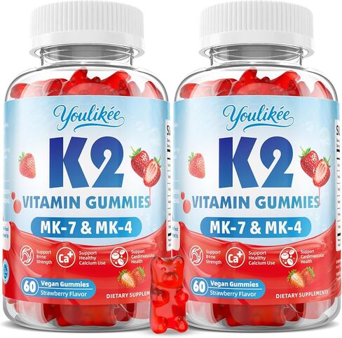 Vitamin K2 Gummies, Dual Formula Vitamin K2 Supplement with MK-7 & MK-4, Supports Bone Health, Gluten-Free, Sugar-Free, Non-GMO, Strawberry Flavor, 60 Gummies in Saudi Arabia