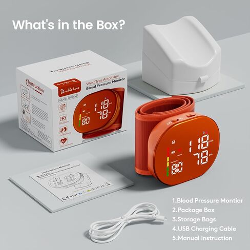 Double love Wrist Blood Pressure Monitor for Home Use - Upgraded Large LED Screen, Dual User 240 Memories with Carrying Case, Voice Broadcast, Adjustable bp Cuff (5.3-7.6 inches) - Orange in Kuwait
