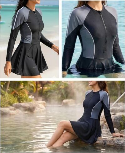 Women's Long Sleeve One-Piece Swim Dress with Zipper – Tummy Control Modest Swimsuit in Saudi Arabia