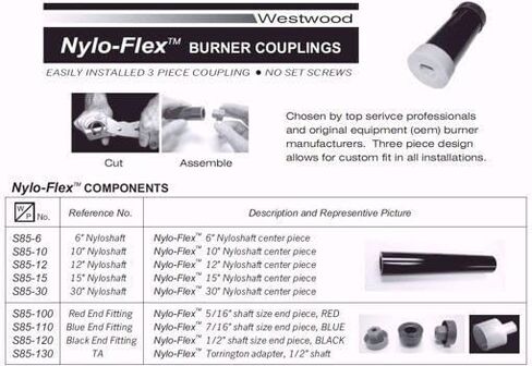 S85-12 Nylo-Flex 12 بوصة عمود اقتران مقطوع ليناسب الهيكل الطويل يناسب Beckett AF/AFG، Wayne، Carlin Burners in Kuwait