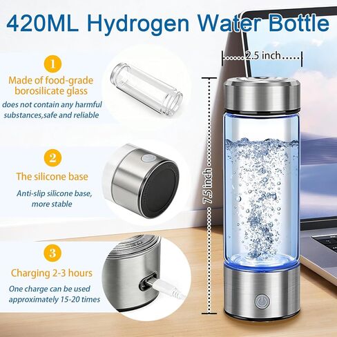 Hydrogen Water Bottle Generator - Portable Hydrogen Water Ionizer Machine SPE PEM Tech, Rechargeable Hydrogen Rich Water Glass Bottle for Home Gym Office and Travel Hydrogen Bottle in Kuwait
