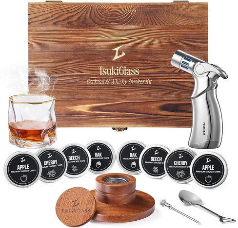 TSUKIGLASS® Premium Japanese Whisky Smoker Kit with Torch - 8 Wood Chip Flavors (200+ Drinks), Sapele Wood Top, Cocktail Infuser for Old Fashioned & Bourbon, Luxury Gift for Men, Dad (No Butane) in Saudi Arabia