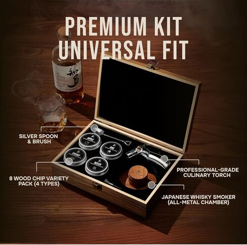 TSUKIGLASS® Premium Japanese Whisky Smoker Kit with Torch - 8 Wood Chip Flavors (200+ Drinks), Sapele Wood Top, Cocktail Infuser for Old Fashioned & Bourbon, Luxury Gift for Men, Dad (No Butane) in Saudi Arabia