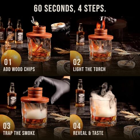 TSUKIGLASS® Premium Japanese Whisky Smoker Kit with Torch - 8 Wood Chip Flavors (200+ Drinks), Sapele Wood Top, Cocktail Infuser for Old Fashioned & Bourbon, Luxury Gift for Men, Dad (No Butane) in Saudi Arabia