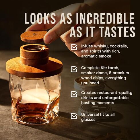TSUKIGLASS® Premium Japanese Whisky Smoker Kit with Torch - 8 Wood Chip Flavors (200+ Drinks), Sapele Wood Top, Cocktail Infuser for Old Fashioned & Bourbon, Luxury Gift for Men, Dad (No Butane) in Saudi Arabia