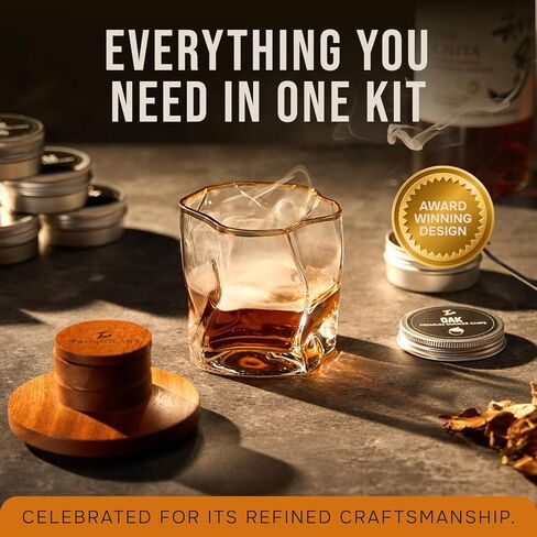 TSUKIGLASS® Premium Japanese Whisky Smoker Kit with Torch - 8 Wood Chip Flavors (200+ Drinks), Sapele Wood Top, Cocktail Infuser for Old Fashioned & Bourbon, Luxury Gift for Men, Dad (No Butane) in Saudi Arabia