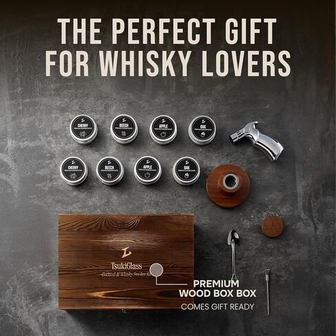 TSUKIGLASS® Premium Japanese Whisky Smoker Kit with Torch - 8 Wood Chip Flavors (200+ Drinks), Sapele Wood Top, Cocktail Infuser for Old Fashioned & Bourbon, Luxury Gift for Men, Dad (No Butane) in Saudi Arabia