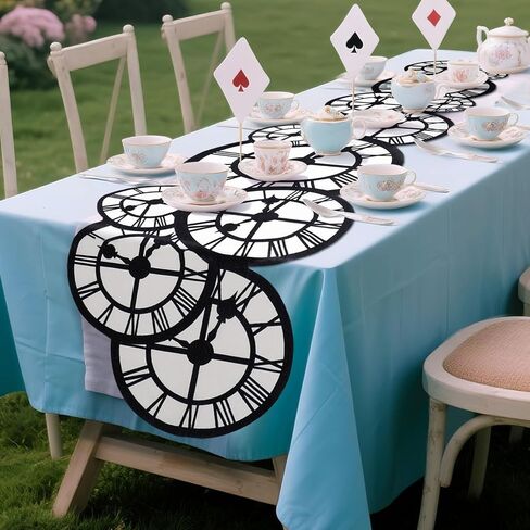 Preboun 1 Pcs Wonderland Tea Party Decoration 15" x 70" Clock Table Runner Decor Wonderland Curious Clock Table Runner Decoration for Birthday Wedding Dinner Party Favor Supplies (Black and White) in Saudi Arabia