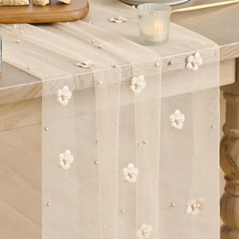 Artoid Mode Flower Pearl Champagne Gauze Table Runner 10FT, Seasonal Sheer Dining Holiday Wedding Birthday Baby Shower Table Decor for Home Party in Saudi Arabia