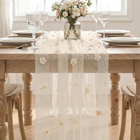 Artoid Mode Flower Pearl Champagne Gauze Table Runner 10FT, Seasonal Sheer Dining Holiday Wedding Birthday Baby Shower Table Decor for Home Party in Saudi Arabia