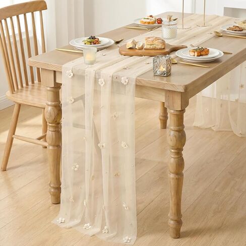 Artoid Mode Flower Pearl Champagne Gauze Table Runner 10FT, Seasonal Sheer Dining Holiday Wedding Birthday Baby Shower Table Decor for Home Party in Saudi Arabia
