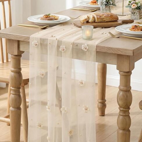 Artoid Mode Flower Pearl Champagne Gauze Table Runner 10FT, Seasonal Sheer Dining Holiday Wedding Birthday Baby Shower Table Decor for Home Party in Saudi Arabia