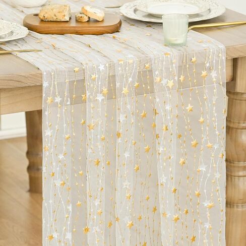 Artoid Mode Stars Beige Gauze Table Runner 10FT, Glitter Metallic Foil Sheer Dining Wedding Anniversary Holiday Birthday Table Decor for Home Party in Saudi Arabia