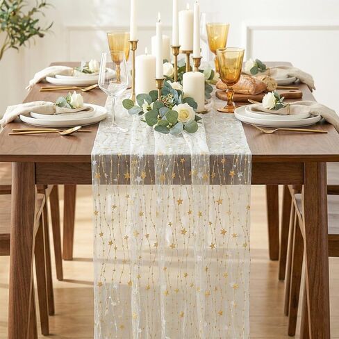 Artoid Mode Stars Beige Gauze Table Runner 10FT, Glitter Metallic Foil Sheer Dining Wedding Anniversary Holiday Birthday Table Decor for Home Party in Saudi Arabia