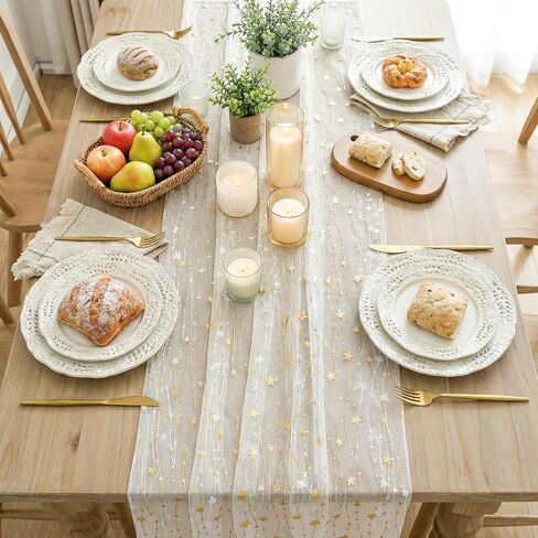 Artoid Mode Stars Beige Gauze Table Runner 10FT, Glitter Metallic Foil Sheer Dining Wedding Anniversary Holiday Birthday Table Decor for Home Party in Saudi Arabia