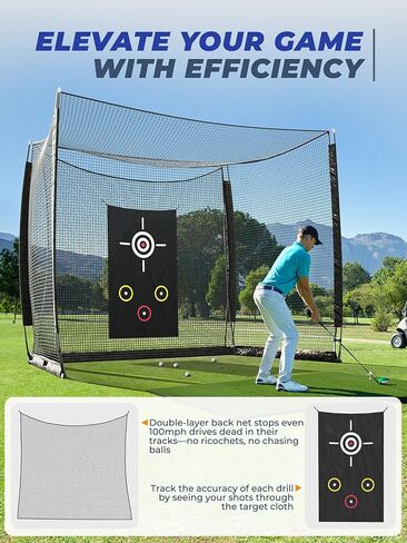 10x8ft Golf Hitting Cage,270°Large Catch Zone Practice Net with Double Back Net & Target Cloth, Heavy-Duty Golf Cage Net for Backyard, Indoor & Outdoor in Kuwait