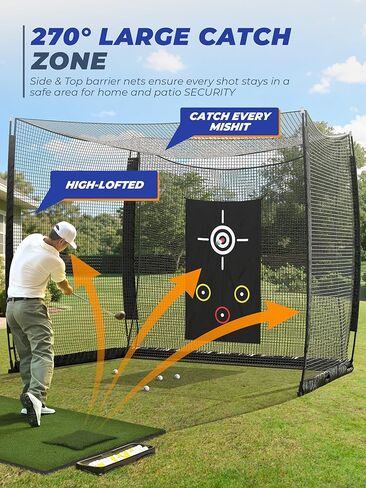 10x8ft Golf Hitting Cage,270°Large Catch Zone Practice Net with Double Back Net & Target Cloth, Heavy-Duty Golf Cage Net for Backyard, Indoor & Outdoor in Kuwait