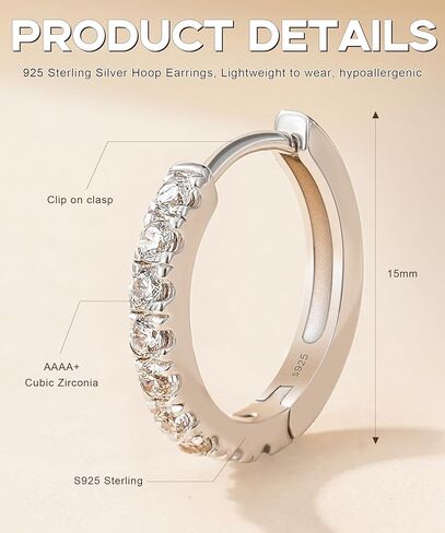 أقراط مونكتون هوجي S925 من الفضة الإسترليني المكعبة زركونيا أقراط دائرية صغيرة - 15 ملم مجوهرات نسائية متألقة لا تسبب الحساسية in Kuwait
