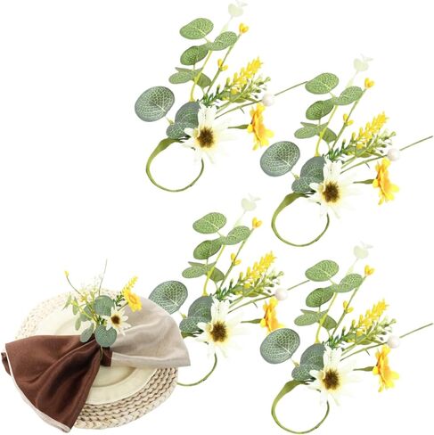 Eucalyptus Leaves Daisies Napkin Rings Green Eucalyptus Leaf Yellow Flower Napkin Buckle Table Decoration for Spring Wedding Party Valentine's Day Festival Decoration Supplies 4 Pcs in Kuwait