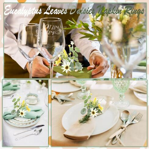 Eucalyptus Leaves Daisies Napkin Rings Green Eucalyptus Leaf Yellow Flower Napkin Buckle Table Decoration for Spring Wedding Party Valentine's Day Festival Decoration Supplies 4 Pcs in Kuwait
