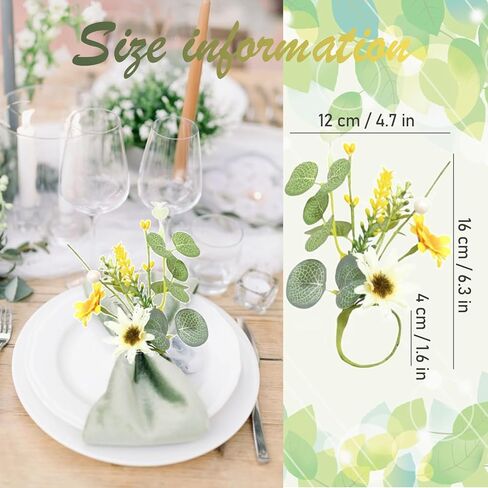 Eucalyptus Leaves Daisies Napkin Rings Green Eucalyptus Leaf Yellow Flower Napkin Buckle Table Decoration for Spring Wedding Party Valentine's Day Festival Decoration Supplies 4 Pcs in Kuwait