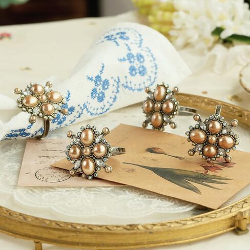 Vintage Pearl Napkin Ring Set of 4 for Dining Wedding Anniversary Birthday Christmas Party Crystal Rhinestone Serviette Holders for Table Settings, Antique Bronze in Saudi Arabia