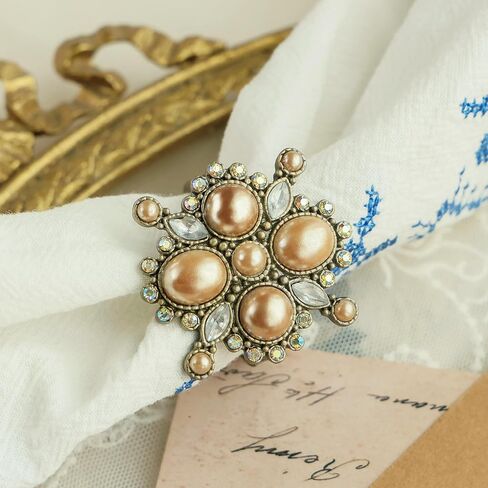 Vintage Pearl Napkin Ring Set of 4 for Dining Wedding Anniversary Birthday Christmas Party Crystal Rhinestone Serviette Holders for Table Settings, Antique Bronze in Saudi Arabia