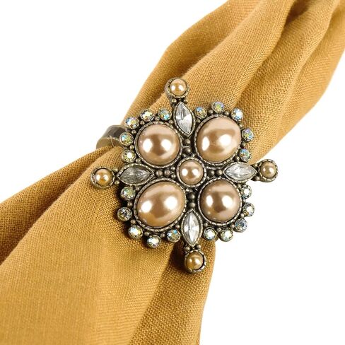 Vintage Pearl Napkin Ring Set of 4 for Dining Wedding Anniversary Birthday Christmas Party Crystal Rhinestone Serviette Holders for Table Settings, Antique Bronze in Saudi Arabia