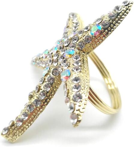 مجموعة حلقات منديل نجم البحر الكريستالي مكونة من 12 - حامل حلقات منديل بحري ساحلي من حجر الراين لحفلات الزفاف، ملحقات تزيين طاولة الطعام على الشاطئ/المحيط (12) in Kuwait