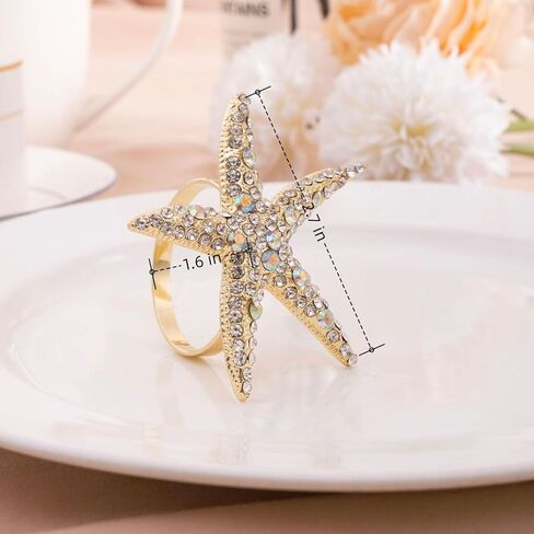 مجموعة حلقات منديل نجم البحر الكريستالي مكونة من 12 - حامل حلقات منديل بحري ساحلي من حجر الراين لحفلات الزفاف، ملحقات تزيين طاولة الطعام على الشاطئ/المحيط (12) in Kuwait