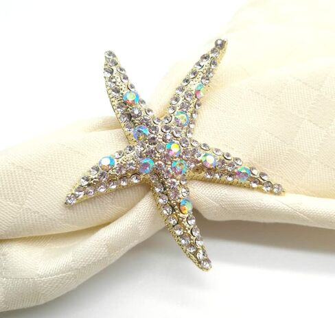 مجموعة حلقات منديل نجم البحر الكريستالي مكونة من 12 - حامل حلقات منديل بحري ساحلي من حجر الراين لحفلات الزفاف، ملحقات تزيين طاولة الطعام على الشاطئ/المحيط (12) in Kuwait