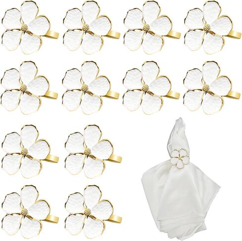Napkin Rings Set of 12 Shiny White Flower Napkin Rings Elegant Holiday Gold Floral Napkins Ring for Family Dinners Weddings Parties Table Decorations and Daily Use in Kuwait