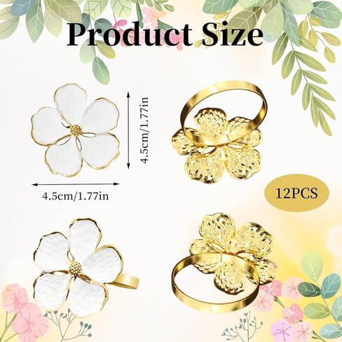 Napkin Rings Set of 12 Shiny White Flower Napkin Rings Elegant Holiday Gold Floral Napkins Ring for Family Dinners Weddings Parties Table Decorations and Daily Use in Kuwait