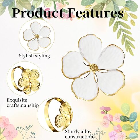 Napkin Rings Set of 12 Shiny White Flower Napkin Rings Elegant Holiday Gold Floral Napkins Ring for Family Dinners Weddings Parties Table Decorations and Daily Use in Kuwait