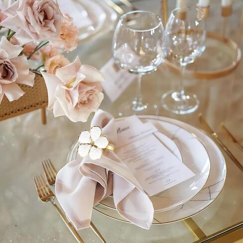 Napkin Rings Set of 12 Shiny White Flower Napkin Rings Elegant Holiday Gold Floral Napkins Ring for Family Dinners Weddings Parties Table Decorations and Daily Use in Kuwait